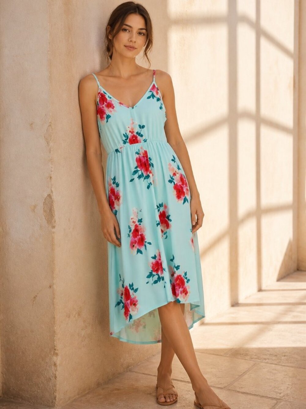 OUGES Floral Midi Dress Women XL CutOut Back Cotton Stretch Party Beach Festival - Picture 7 of 15